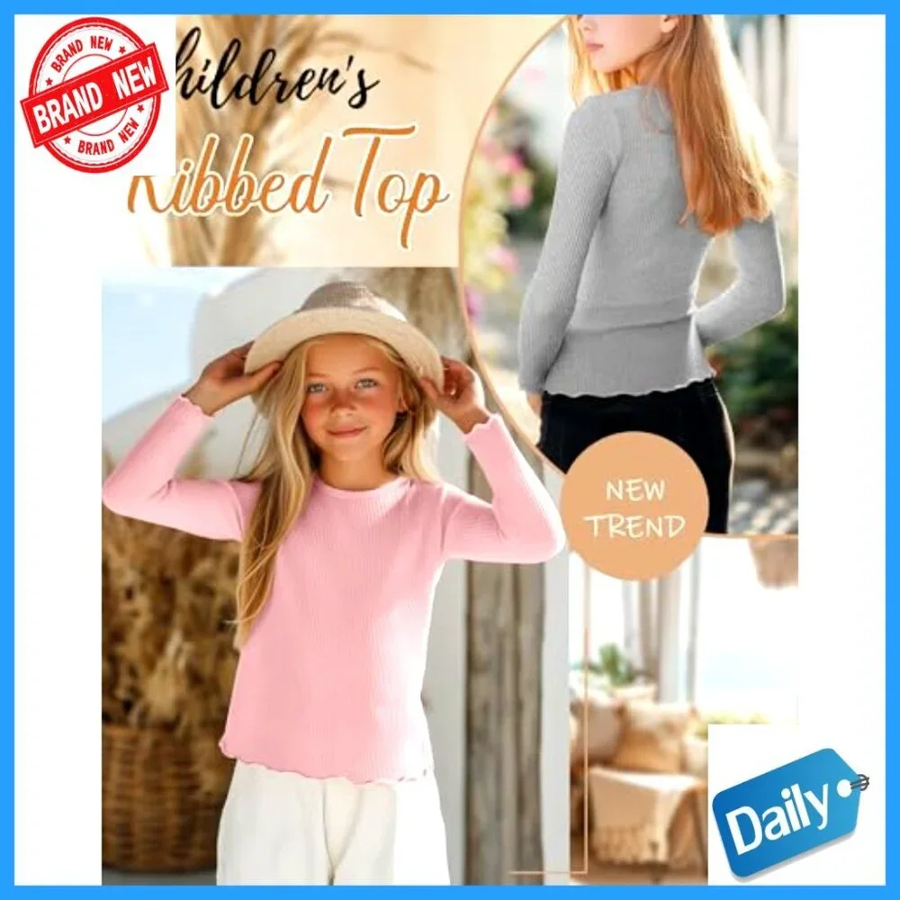 3 Pack Girls Long Sleeve Ribbed Tees Cotton Layering Undershirts Crewneck